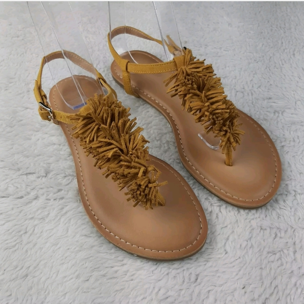 Old Navy Faux Suede Fringe Sandals Mustard Yellow - Picture 3 of 10